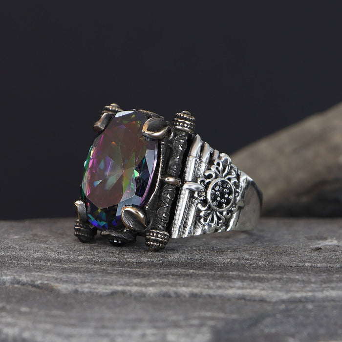 Tesbihevim | Men's Silver Ring with Mystic Topaz Stone