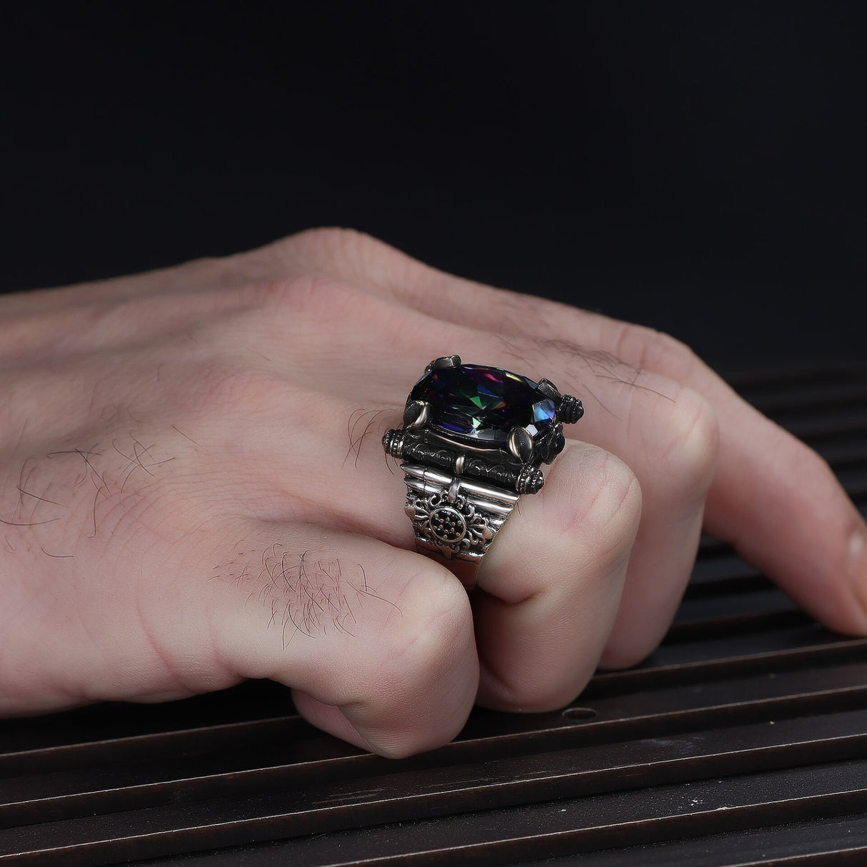 Tesbihevim | Men's Silver Ring with Mystic Topaz Stone