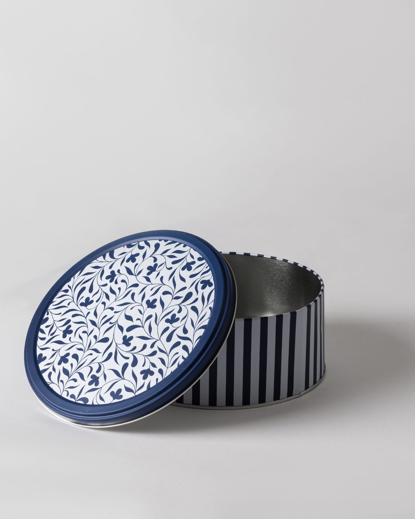Metal Round Storage Box - Blue & White Decorative Design