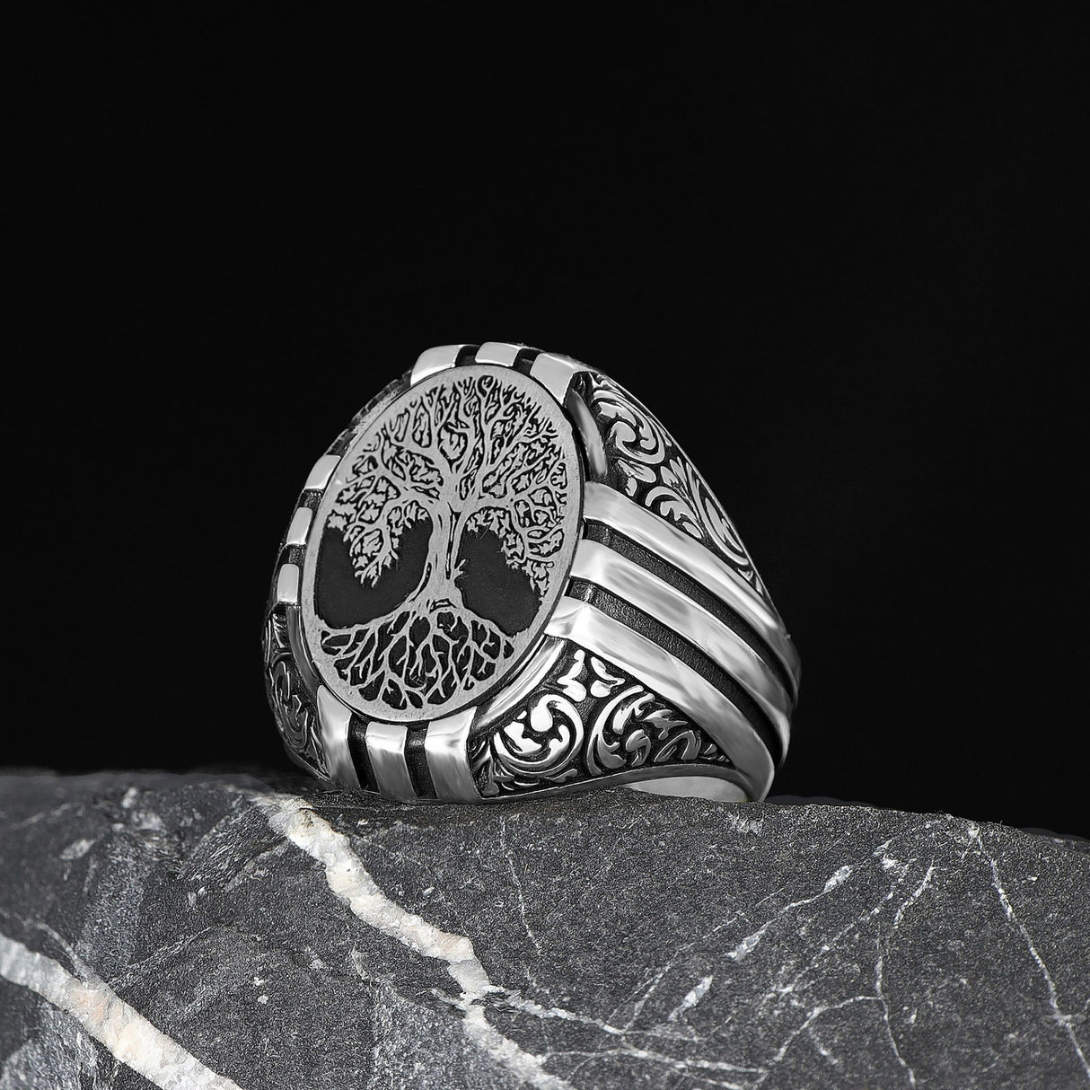 Tesbihevim | Men's Silver Ring with Tree of Life Symbol Pattern