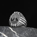 Tesbihevim | Men's Silver Ring with Tree of Life Symbol Pattern