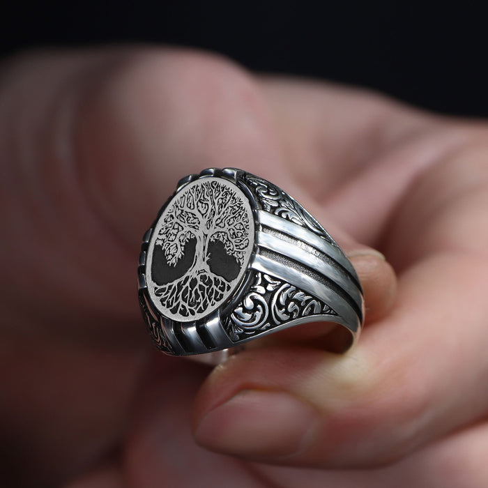 Tesbihevim | Men's Silver Ring with Tree of Life Symbol Pattern