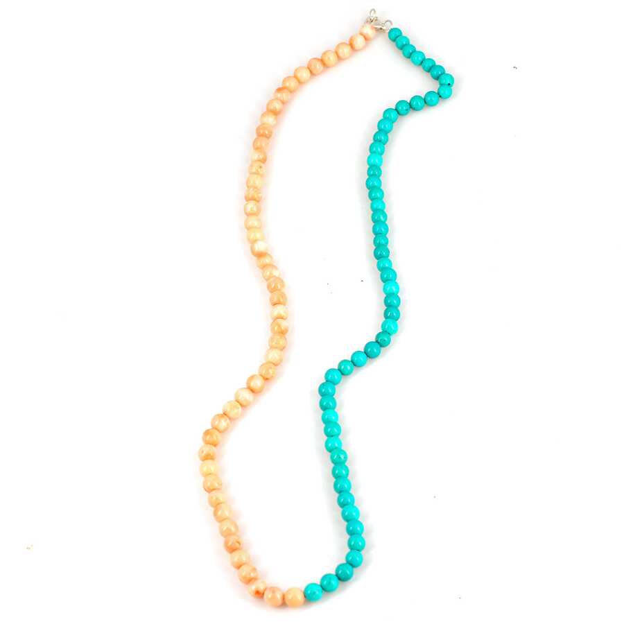 Sterling Silver Coral & Turquoise Necklace - Dual Gemstone Strand