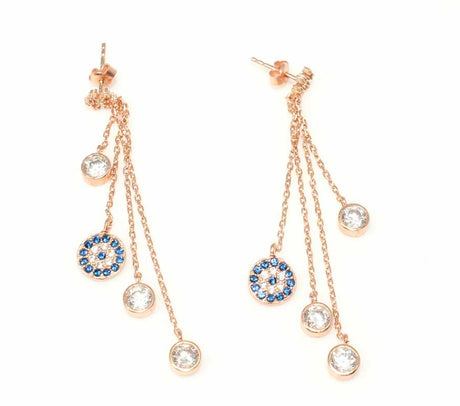 925 Sterling Silver Evil Eye Snowflake Dangle Earrings - Rose Finish