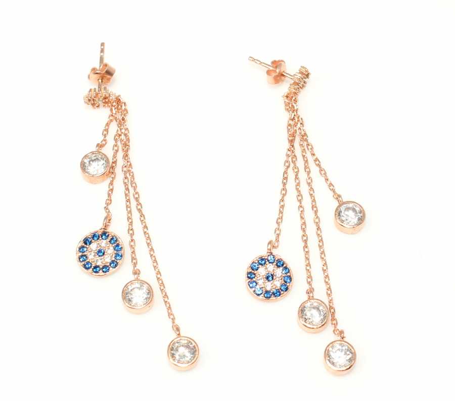 925 Sterling Silver Evil Eye Snowflake Dangle Earrings - Rose Finish