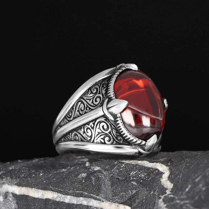 Tesbihevim | Men's Silver Ring with Red Agate Stone