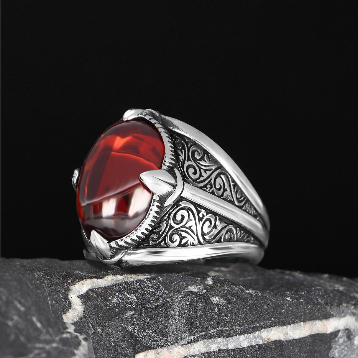 Tesbihevim | Men's Silver Ring with Red Agate Stone