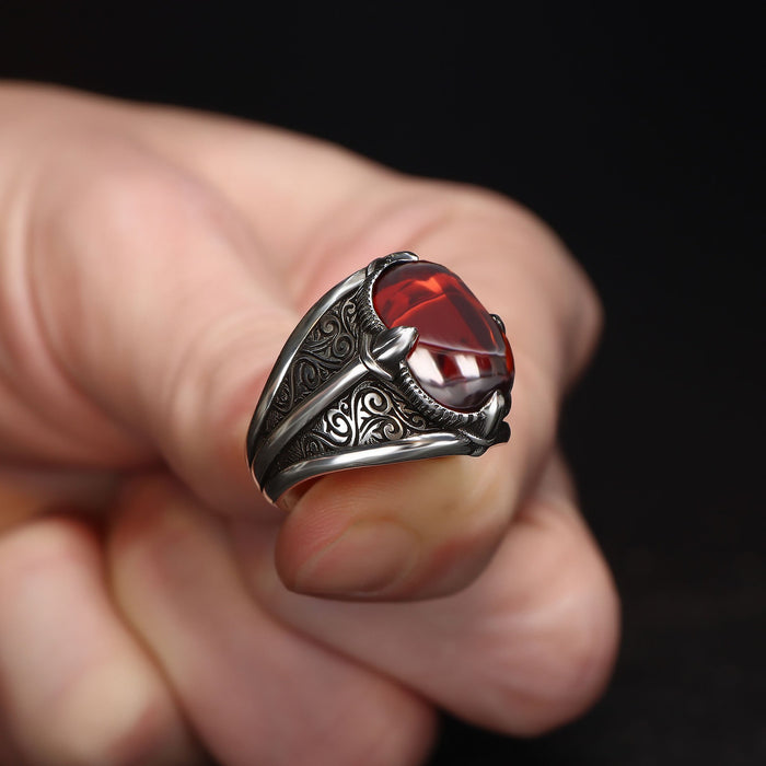 Tesbihevim | Men's Silver Ring with Red Agate Stone