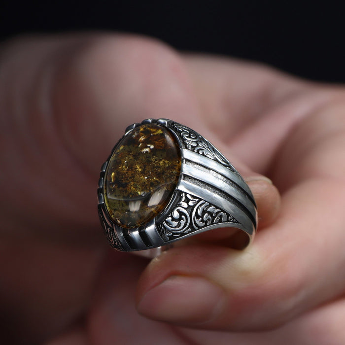 Tesbihevim | Men's Silver Ring with Fossil Drop Amber Stone