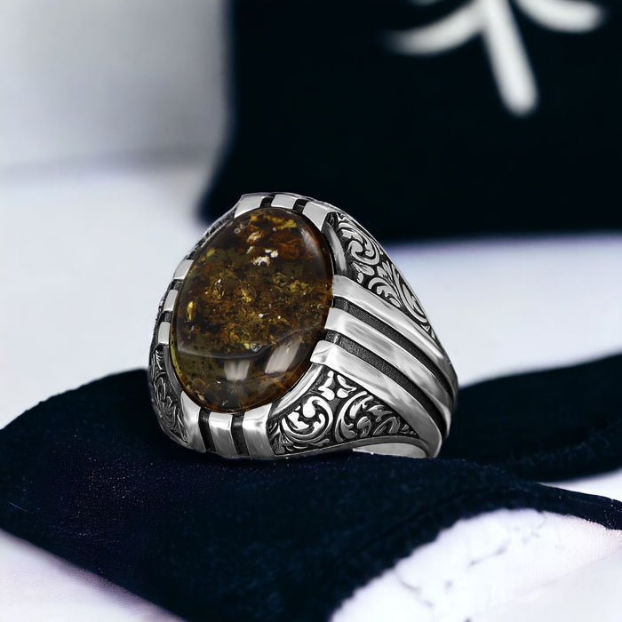 Tesbihevim | Men's Silver Ring with Fossil Drop Amber Stone