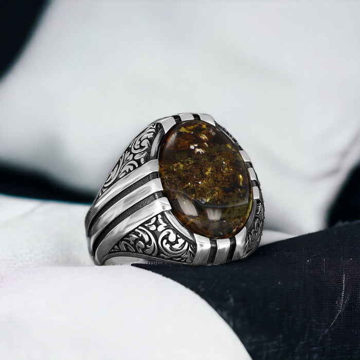 Tesbihevim | Men's Silver Ring with Fossil Drop Amber Stone