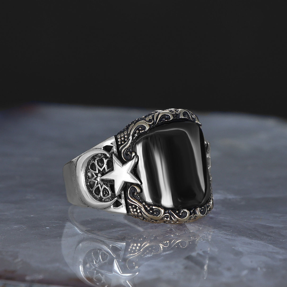 Tesbihevim | Men's Silver Onyx Stone Crescent Model Men's Silver Ring