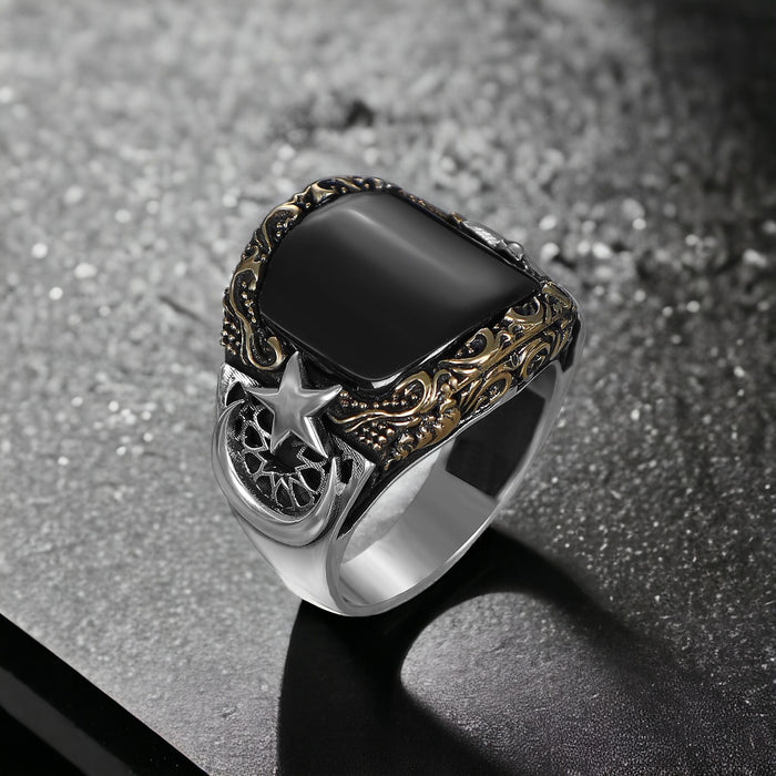 Tesbihevim | Men's Silver Onyx Stone Crescent Model Men's Silver Ring