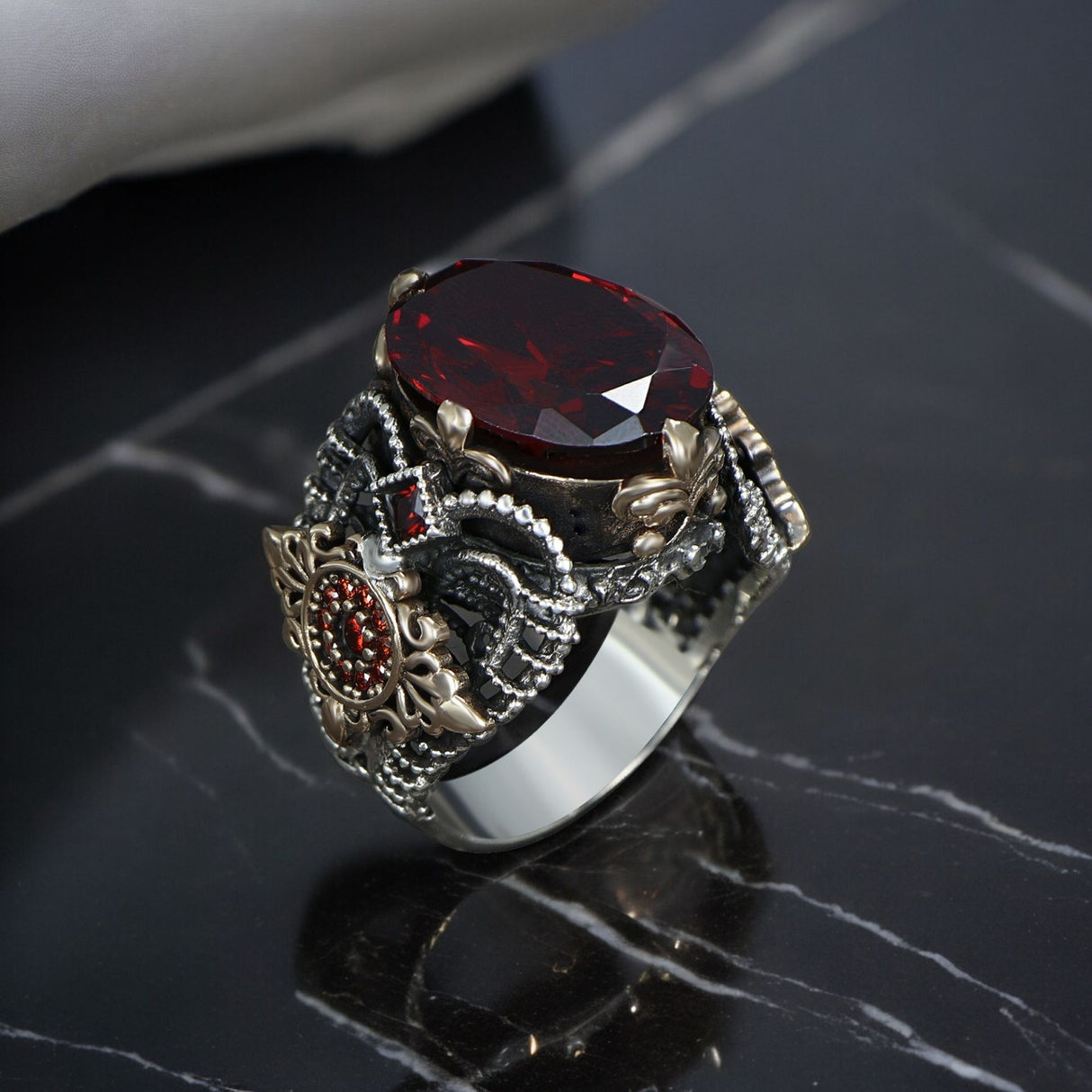 Tesbihevim | Men's Silver Ring with Red Zircon Stone