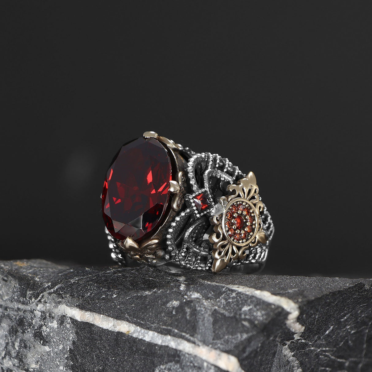 Tesbihevim | Men's Silver Ring with Red Zircon Stone