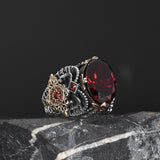 Tesbihevim | Men's Silver Ring with Red Zircon Stone