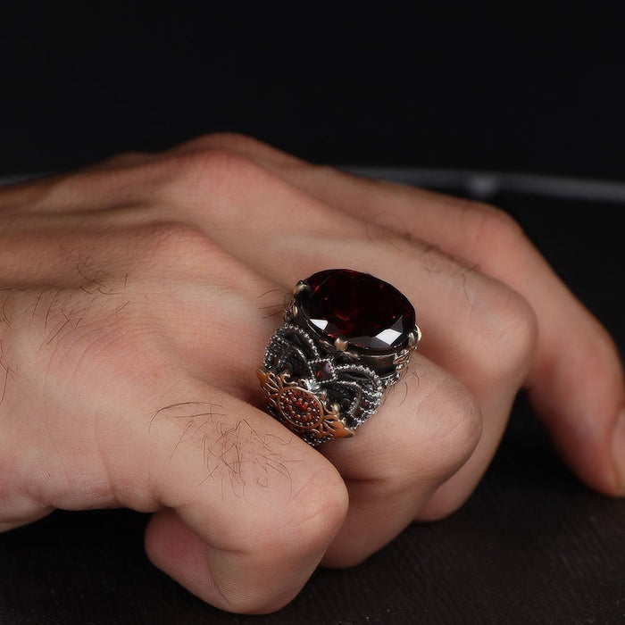 Tesbihevim | Men's Silver Ring with Red Zircon Stone