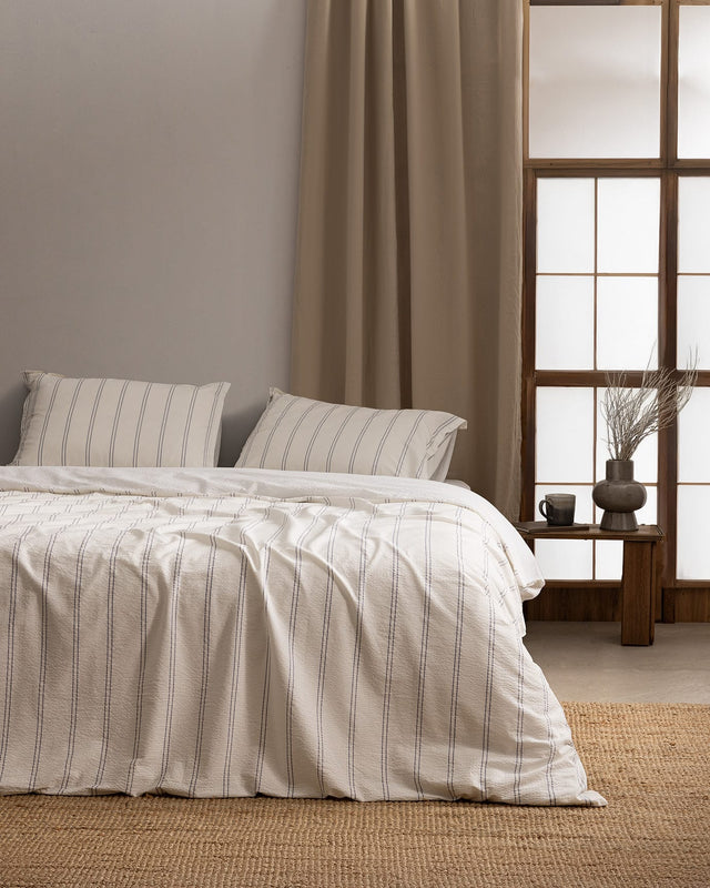 100% Cotton King Size Duvet Cover Set - Washed Waffle & Striped