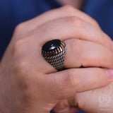 925 Sterling Silver Men's Onyx Ring - Intricate Twisted Design