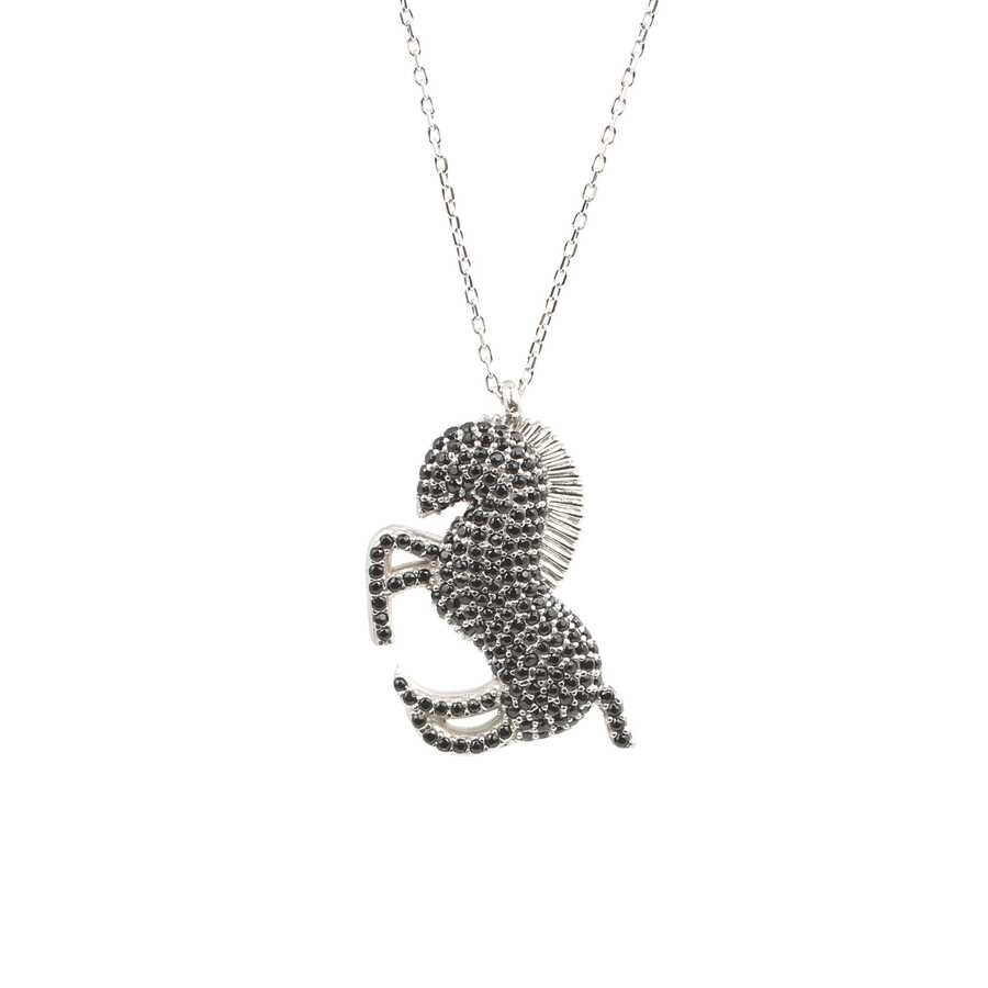 Sterling Silver Onyx Rearing Horse Necklace - Elegant Animal Pendant