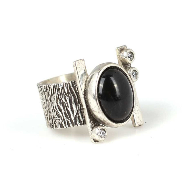 Sterling Silver Tree Bark Textured Ring with Onyx & Zircon Accents