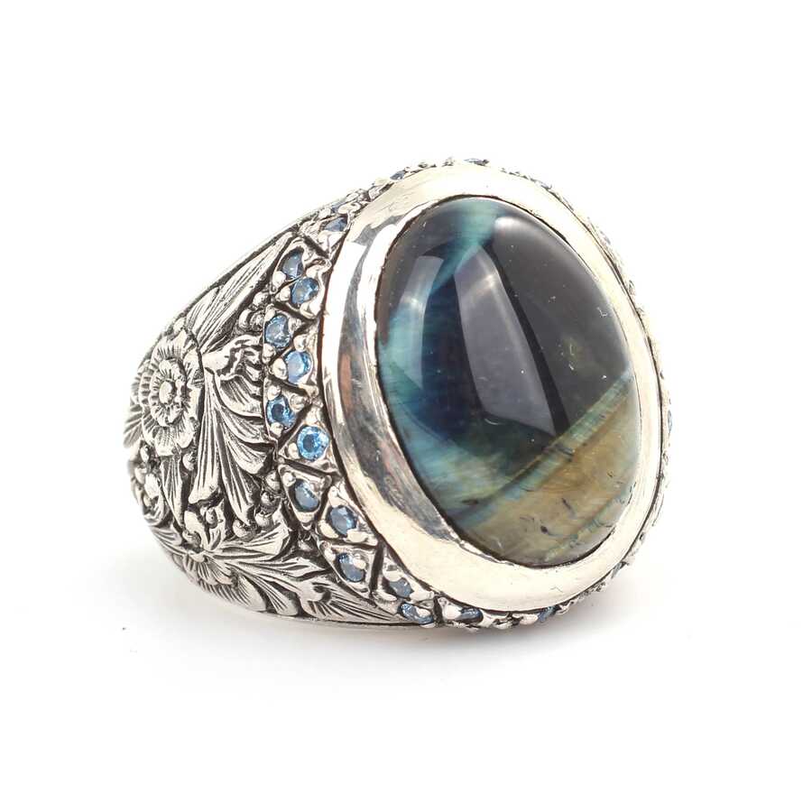 925 Sterling Silver Obsidian Men's Ring - Hand-Engraved Design