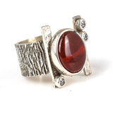 925 Sterling Silver Tree Bark Pattern Open Ring with Agate & Zircon