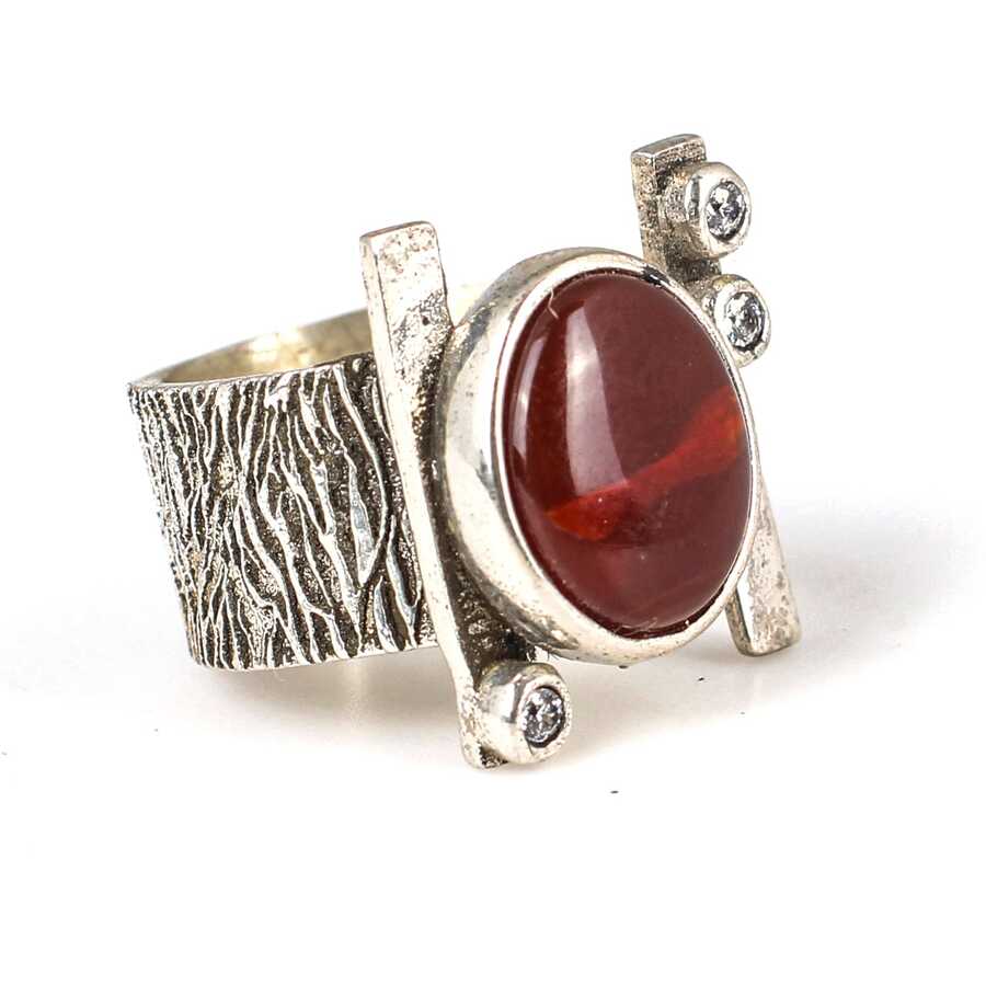 925 Sterling Silver Tree Bark Pattern Open Ring with Agate & Zircon