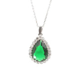 Sterling Silver Teardrop Emerald Halo Pendant Necklace