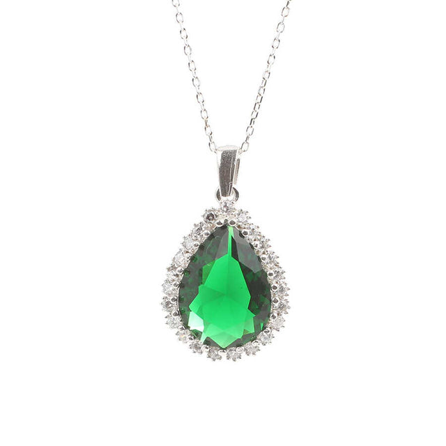 Sterling Silver Teardrop Emerald Halo Pendant Necklace