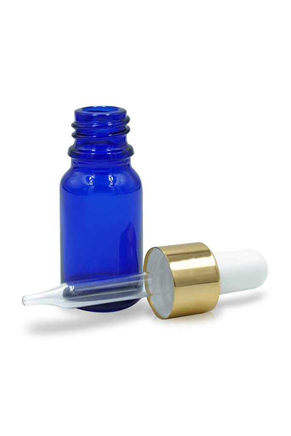 Flacons compte-gouttes en verre bleu avec bouchons dorés - Lot de 3 de 10 ml