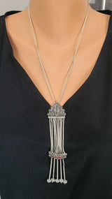 Sterling Silver Geometric Pendant Necklace - Red Enamel Detail