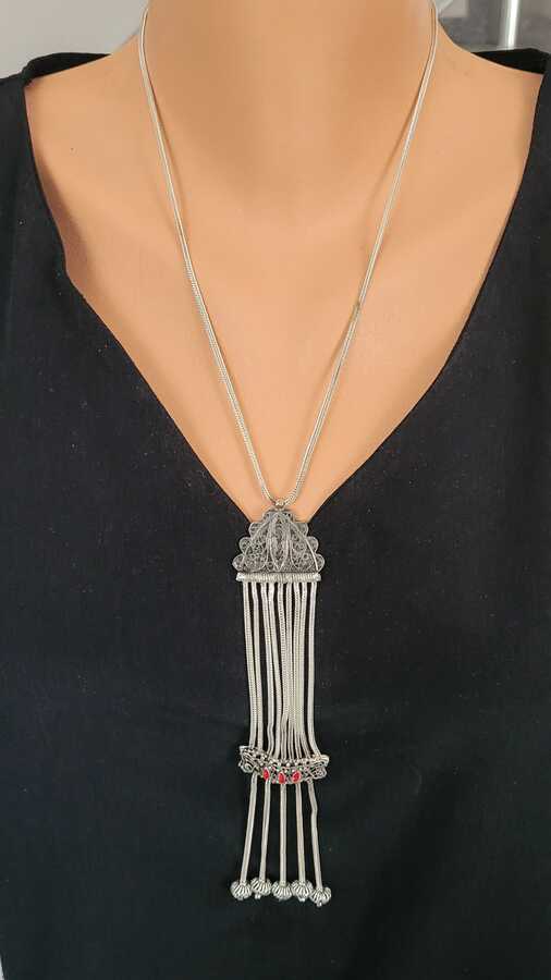 Sterling Silver Geometric Pendant Necklace - Red Enamel Detail