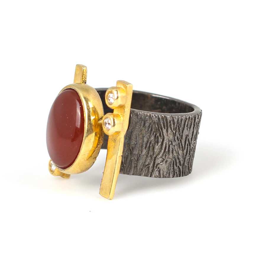 925 Sterling Silver Tree Bark Pattern Open Ring with Agate & Zircon