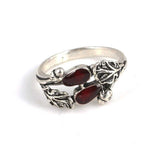 Sterling Silver Double Leaf Ring - Hand-Enameled Red Design
