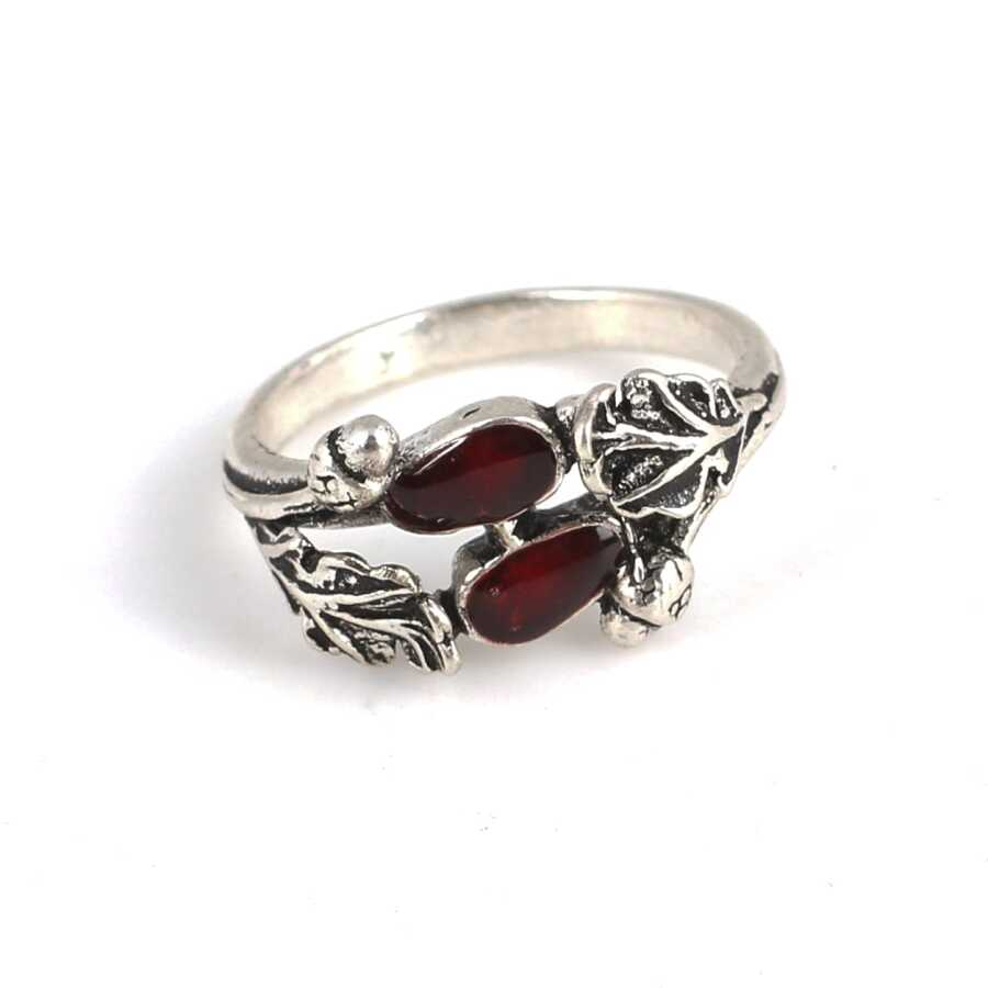 Sterling Silver Double Leaf Ring - Hand-Enameled Red Design