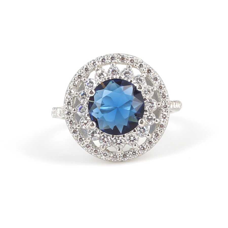 925 Sterling Silver Round Sapphire Zircon Halo Ring