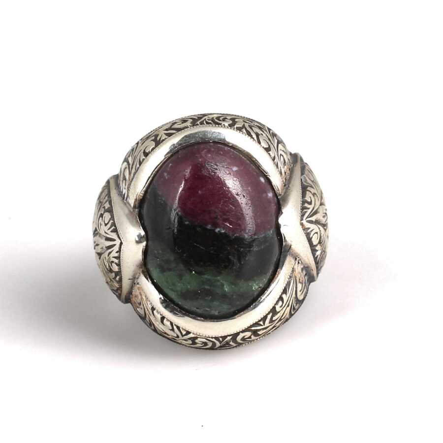 925 Sterling Silver Men's Tourmaline Ring with Engraved Detail