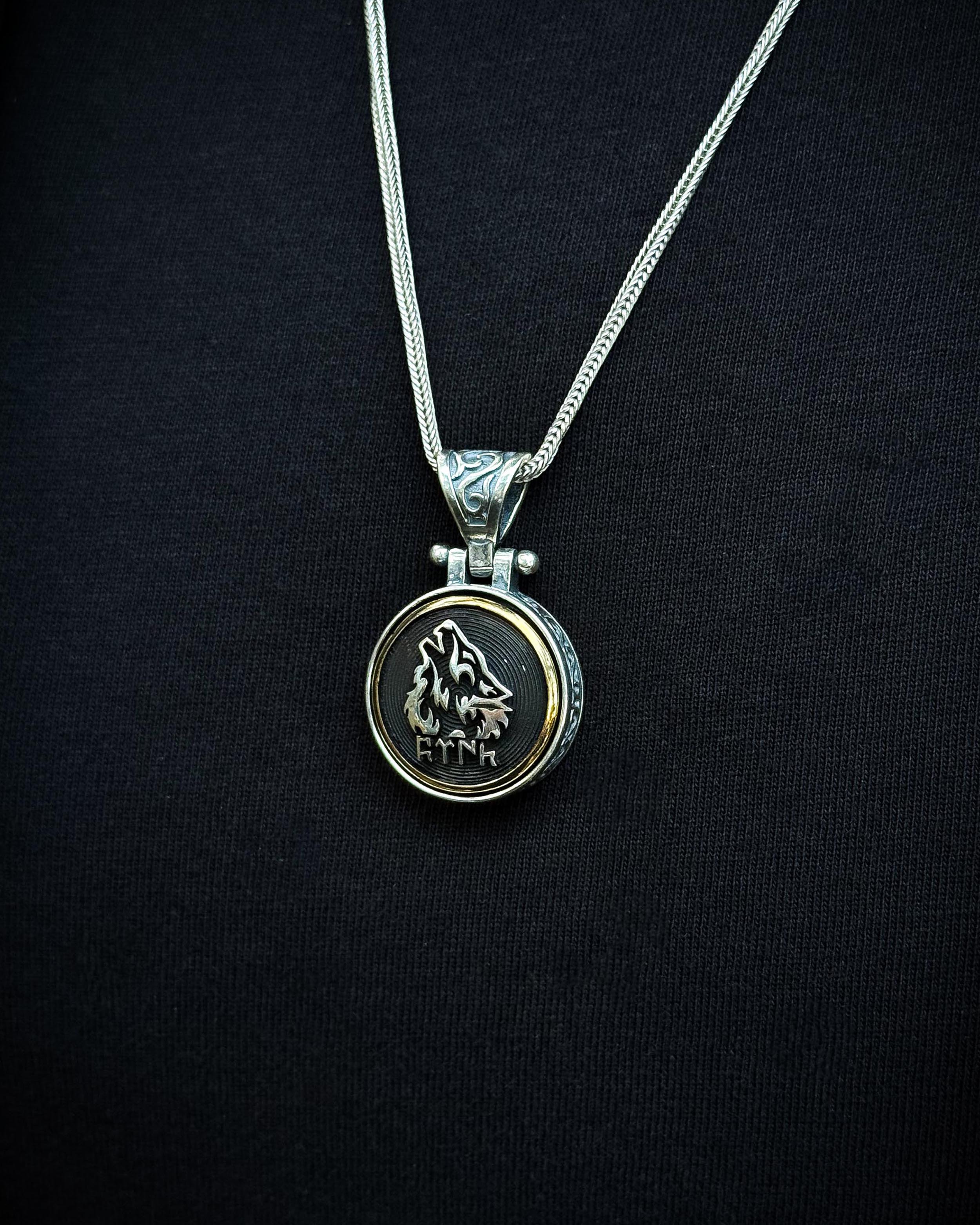Sterling Silver Rotating Grey Wolf Pendant Necklace - Ancient Turkic Script
