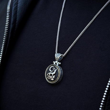 Sterling Silver Rotating Crescent & Wolf Symbol Necklace
