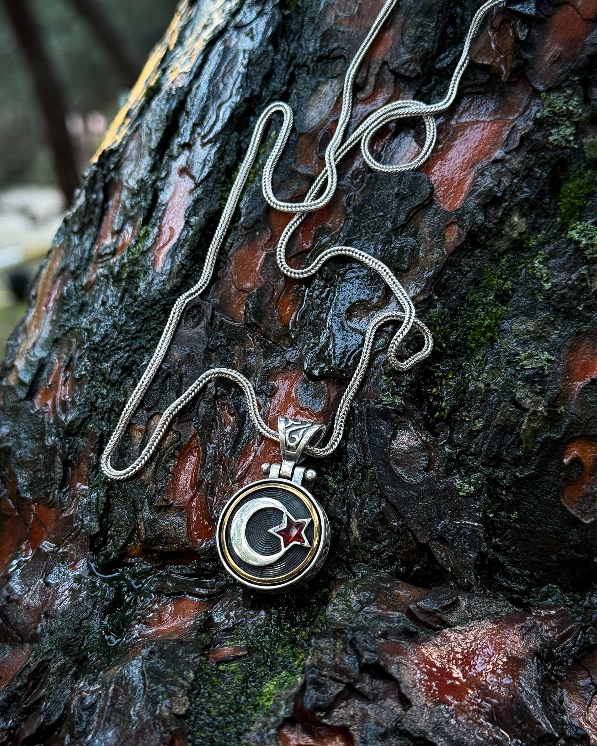 Sterling Silver Crescent & Star Necklace with Rotating Red Stone