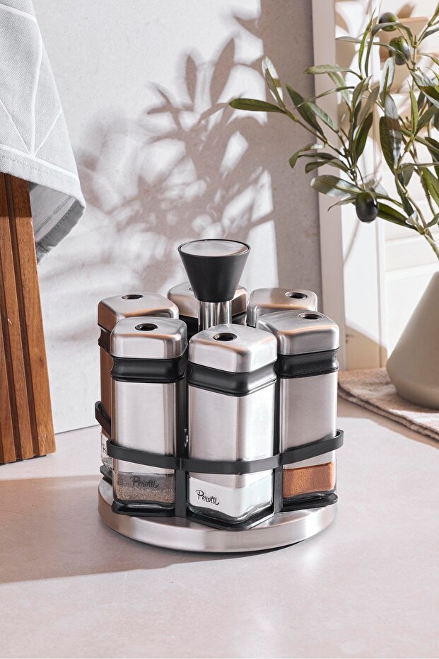 6-Piece Rotating Spice Rack Set - Stainless Steel & Glass Jars