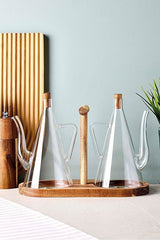 Acacia Stand Oil & Vinegar Dispenser Set - 2 x 500ml Glass Bottles