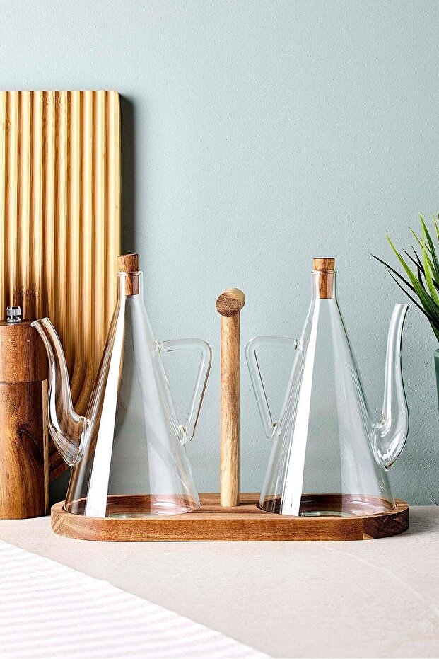Acacia Stand Oil & Vinegar Dispenser Set - 2 x 500ml Glass Bottles
