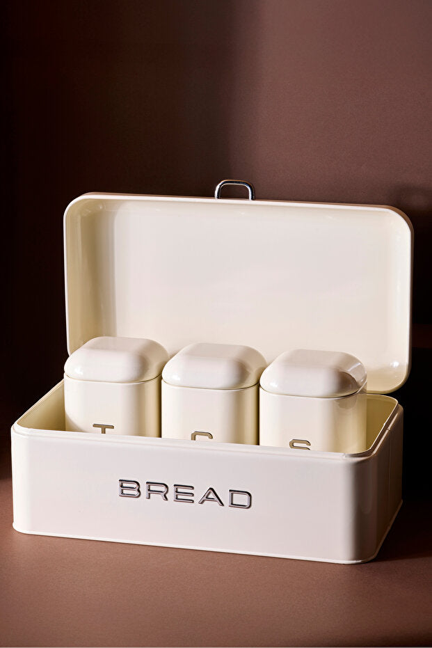 Retro Cream Bread Box & 3 Storage Jars Set for Kitchen
