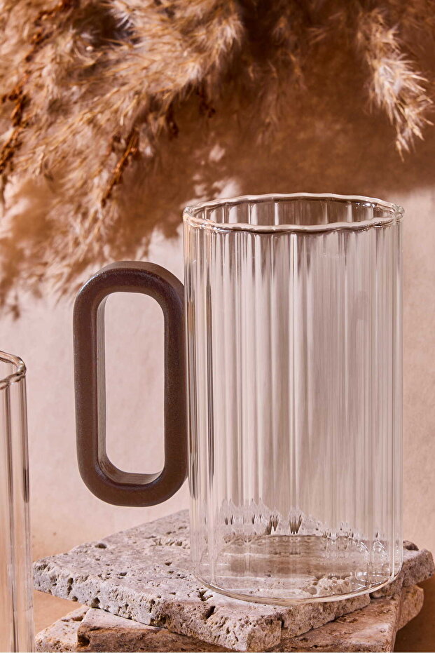 Stylish 350ml Ribbed Glass Mugs with Acacia Handles - Set of 6