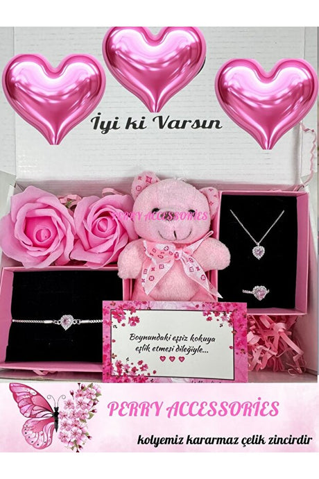 Non-Tarnishing Steel Pink Heart Jewelry Gift Set with Teddy Bear & Scented Roses