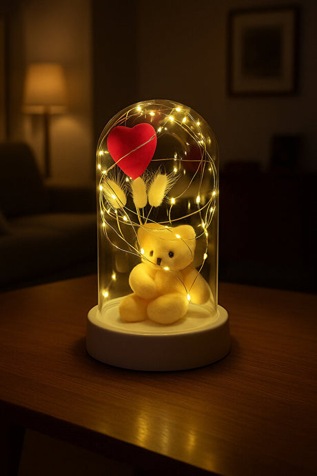 LED Lighted Heart & Teddy Bear Decorative Cloche with Fairy Lights