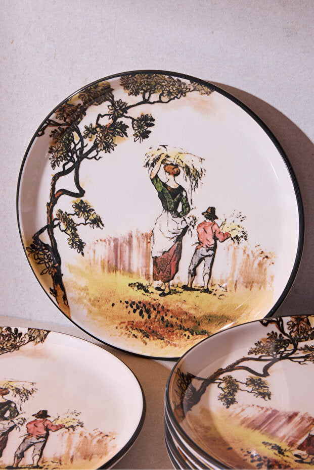 Old English The Gleaners Ceramic Dessert Plate Set - 6 Pieces, 21 cm
