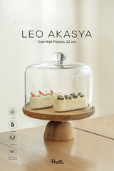 Acacia Wood Cake Stand with Glass Dome - 22 Cm Diameter